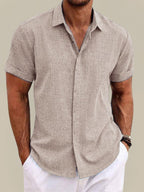 Men's Linen Short Sleeve Shirt Breathable Lightweight Button Up