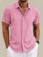 Men's Linen Short Sleeve Shirt Breathable Lightweight Button Up