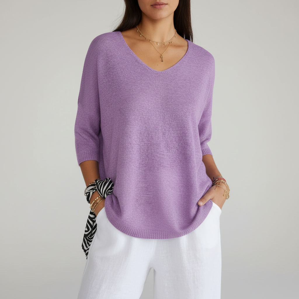 Women's Lightweight V Neck Knit Top Relaxed Three