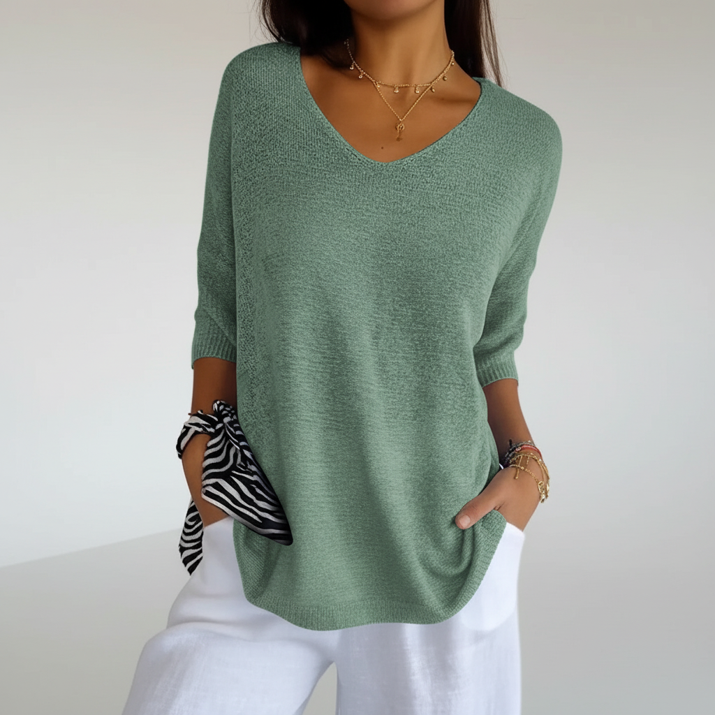 Women's Lightweight V Neck Knit Top Relaxed Three