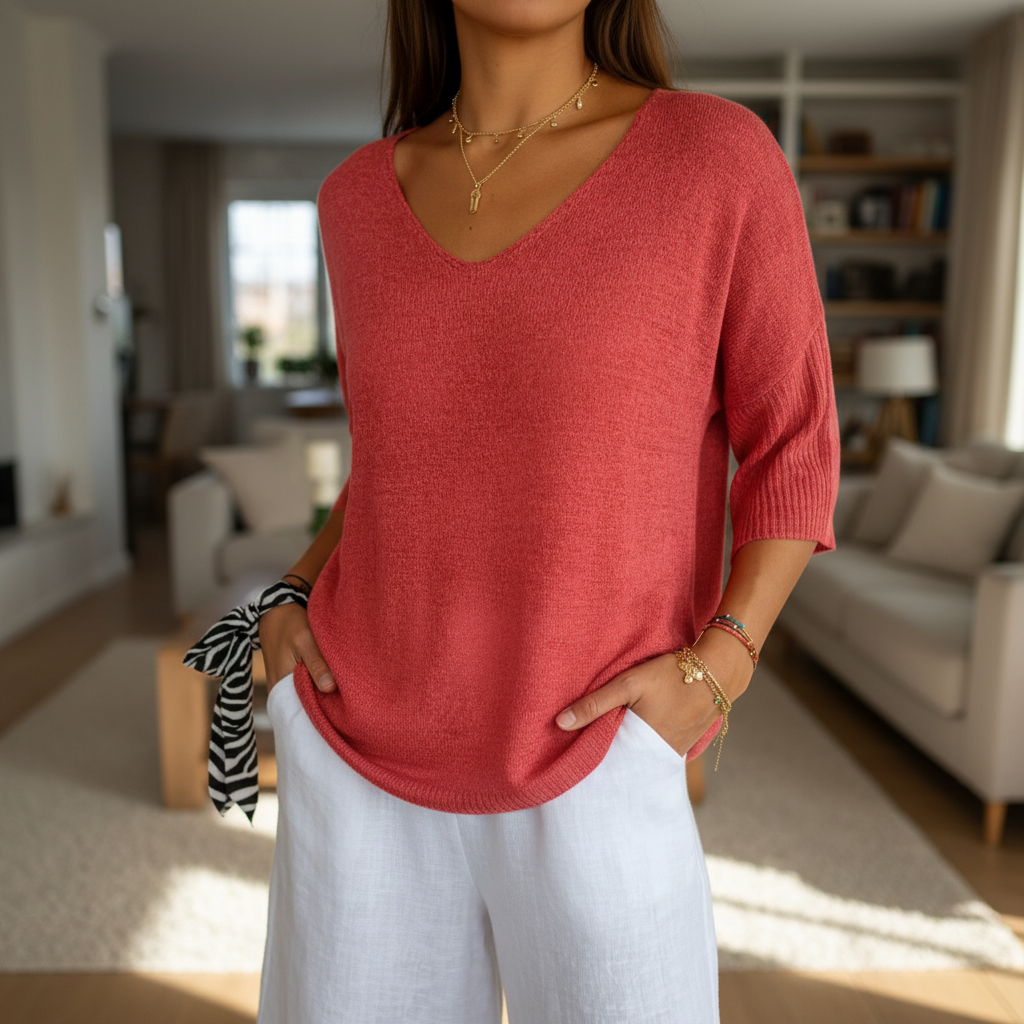 Women's Lightweight V Neck Knit Top Relaxed Three