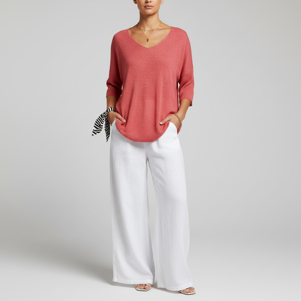 Women's Lightweight V Neck Knit Top Relaxed Three