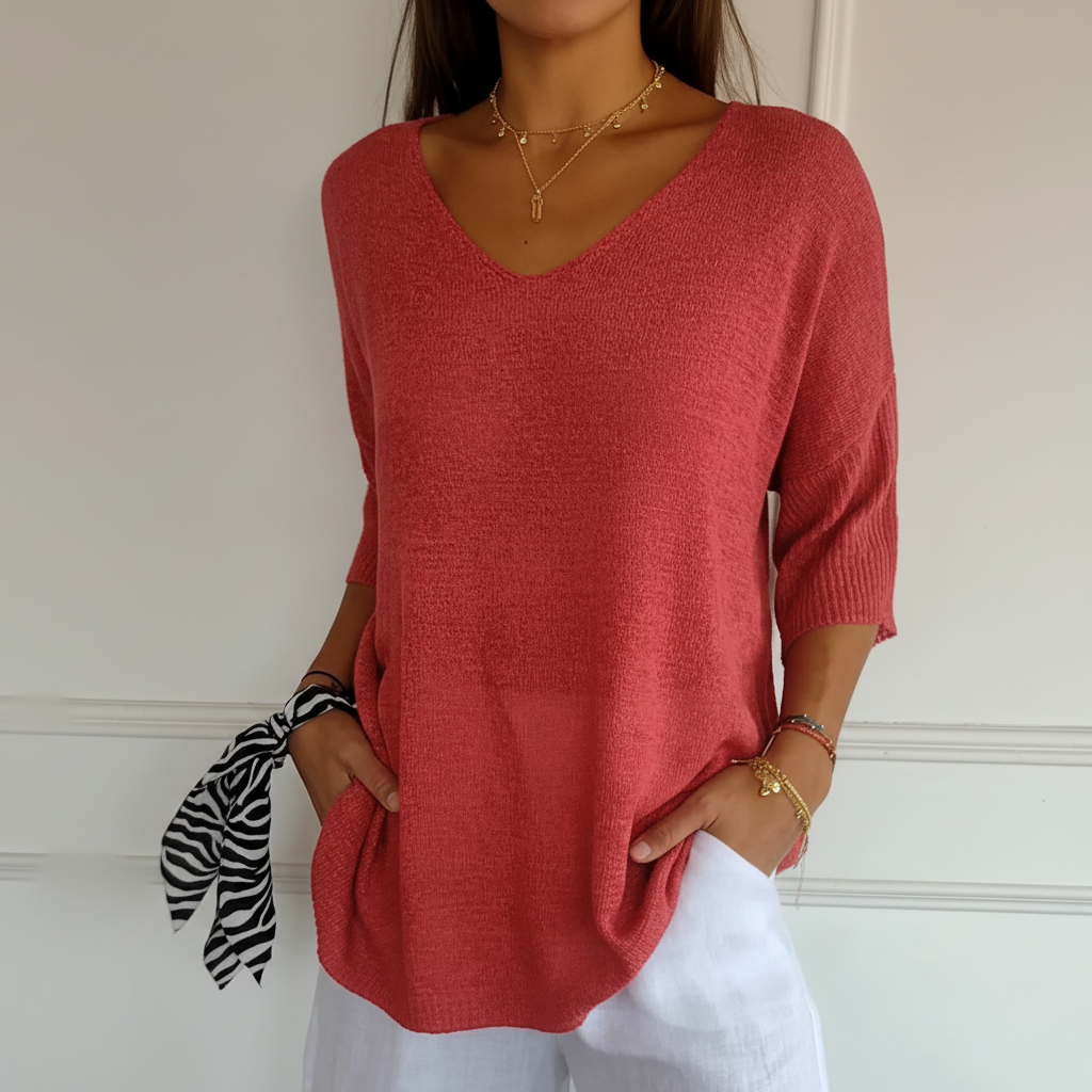Women's Lightweight V Neck Knit Top Relaxed Three