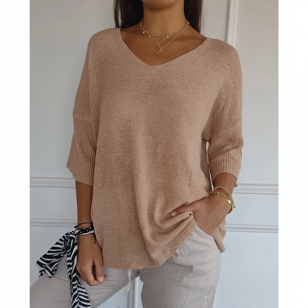 Women's Lightweight V Neck Knit Top Relaxed Three