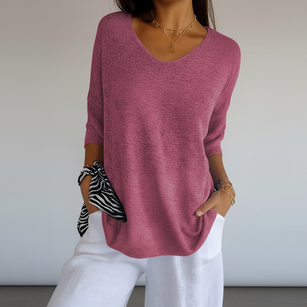 Women's Lightweight V Neck Knit Top Relaxed Three