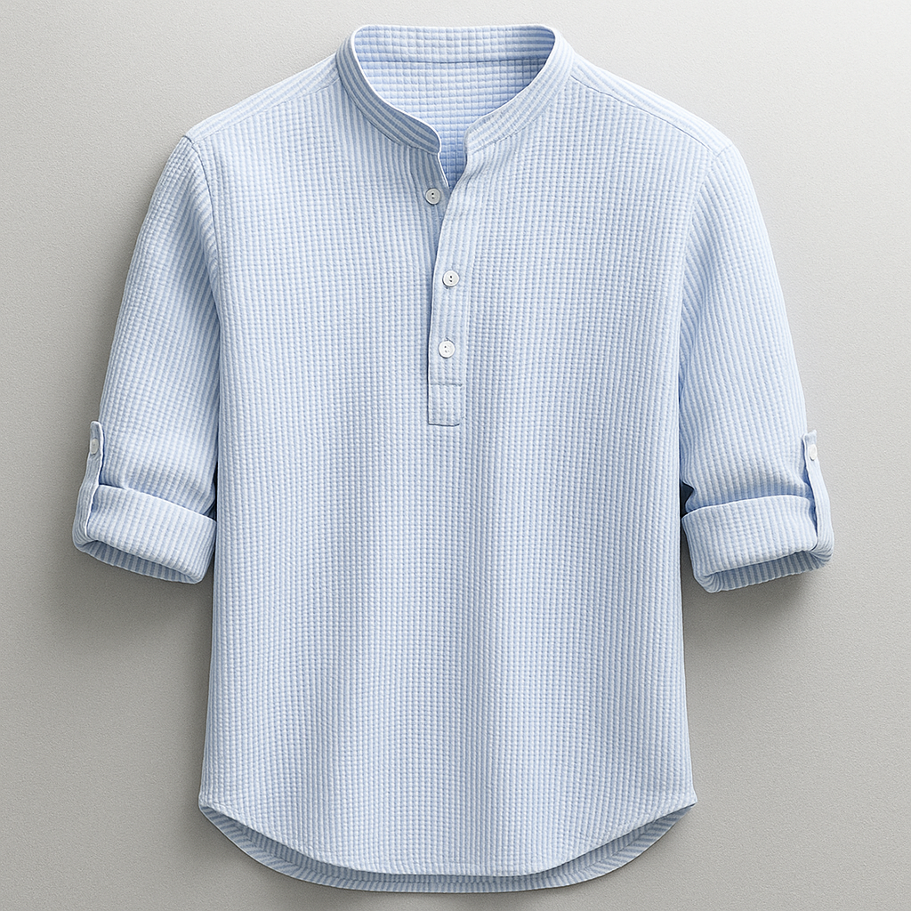 Men's Cotton Grandad Collar Shirt Textured Half Button Style