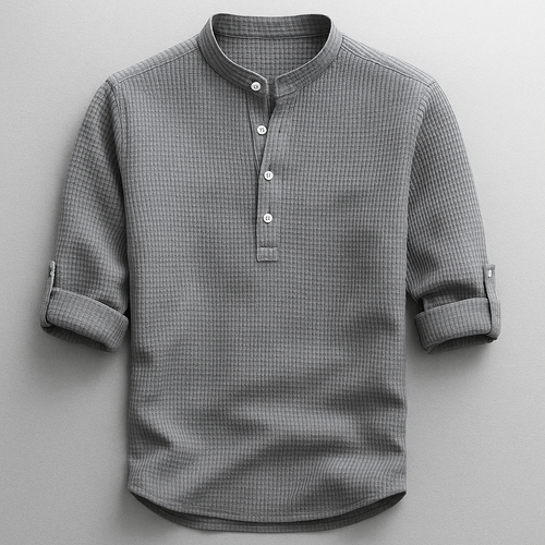 Men's Cotton Grandad Collar Shirt Textured Half Button Style
