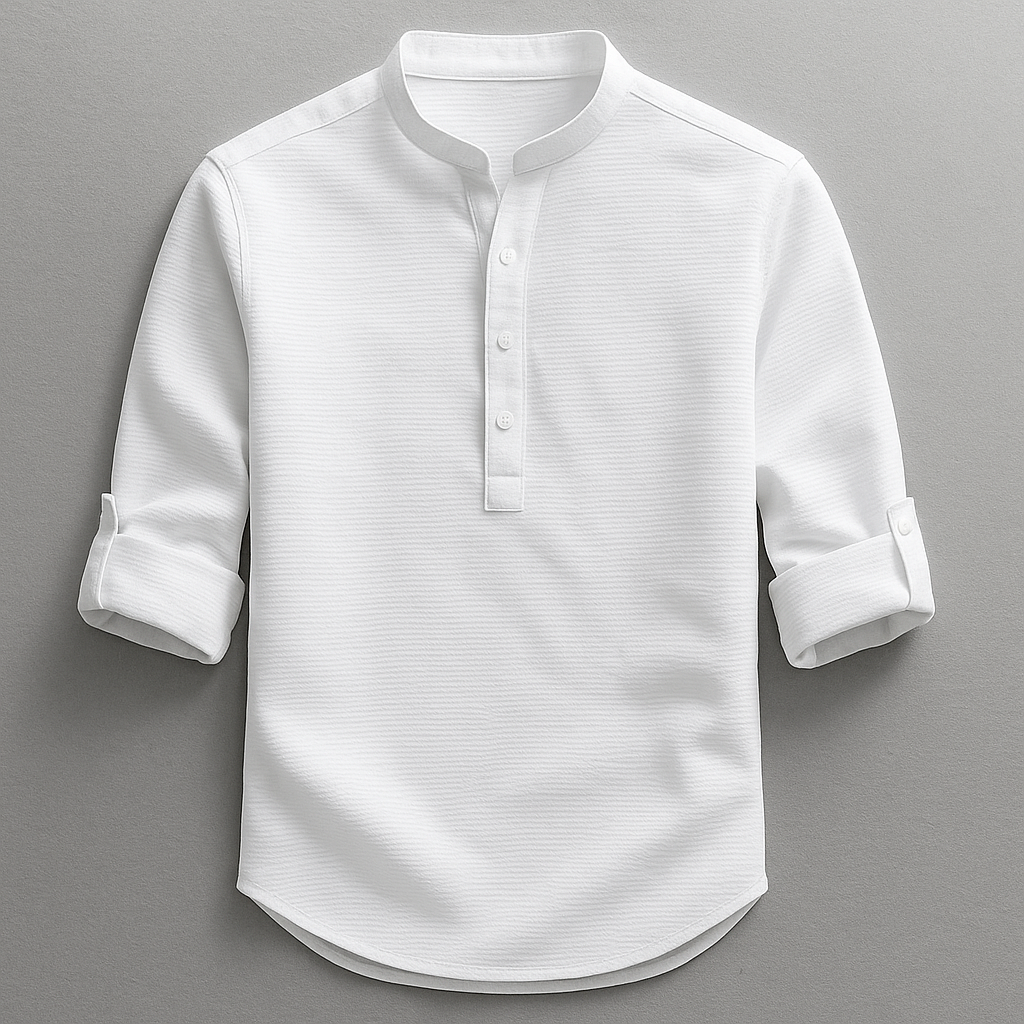 Men's Cotton Grandad Collar Shirt Textured Half Button Style