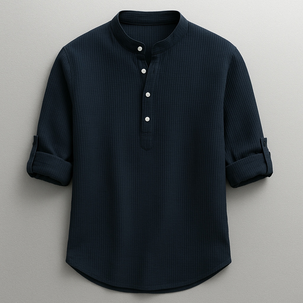 Men's Cotton Grandad Collar Shirt Textured Half Button Style