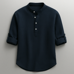 Men's Cotton Grandad Collar Shirt Textured Half Button Style