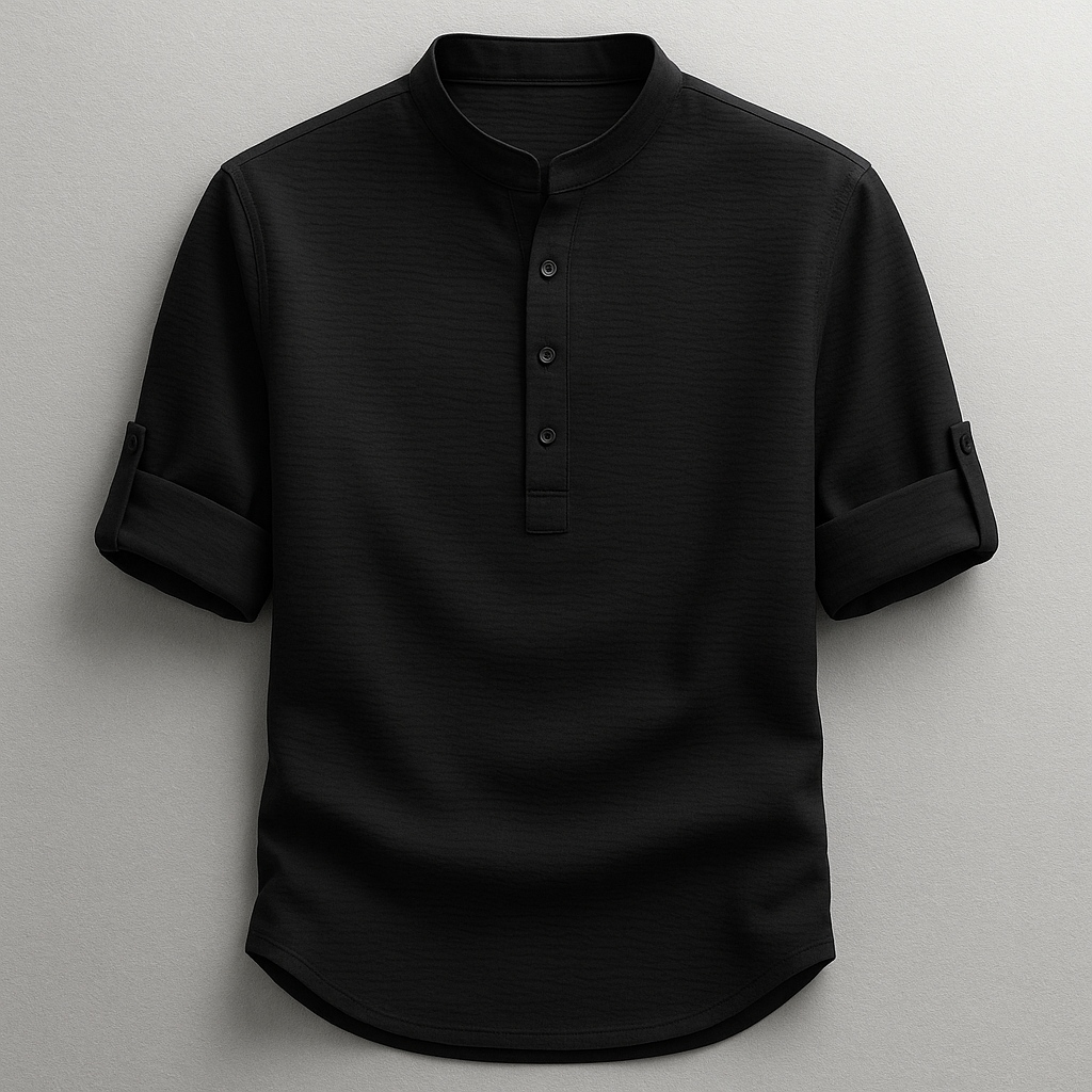 Men's Cotton Grandad Collar Shirt Textured Half Button Style