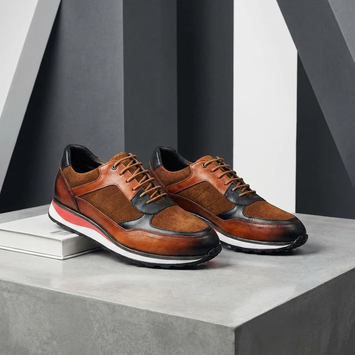 Men's Full Grain Leather Sneakers with Suede Panels Cushioned