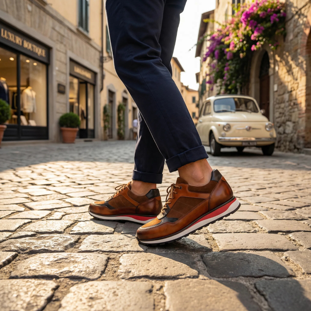 Men's Full Grain Leather Sneakers with Suede Panels Cushioned