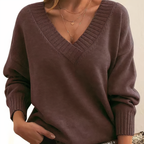 Women's Deep V-Neck Knitted Jumper Relaxed Long Sleeve
