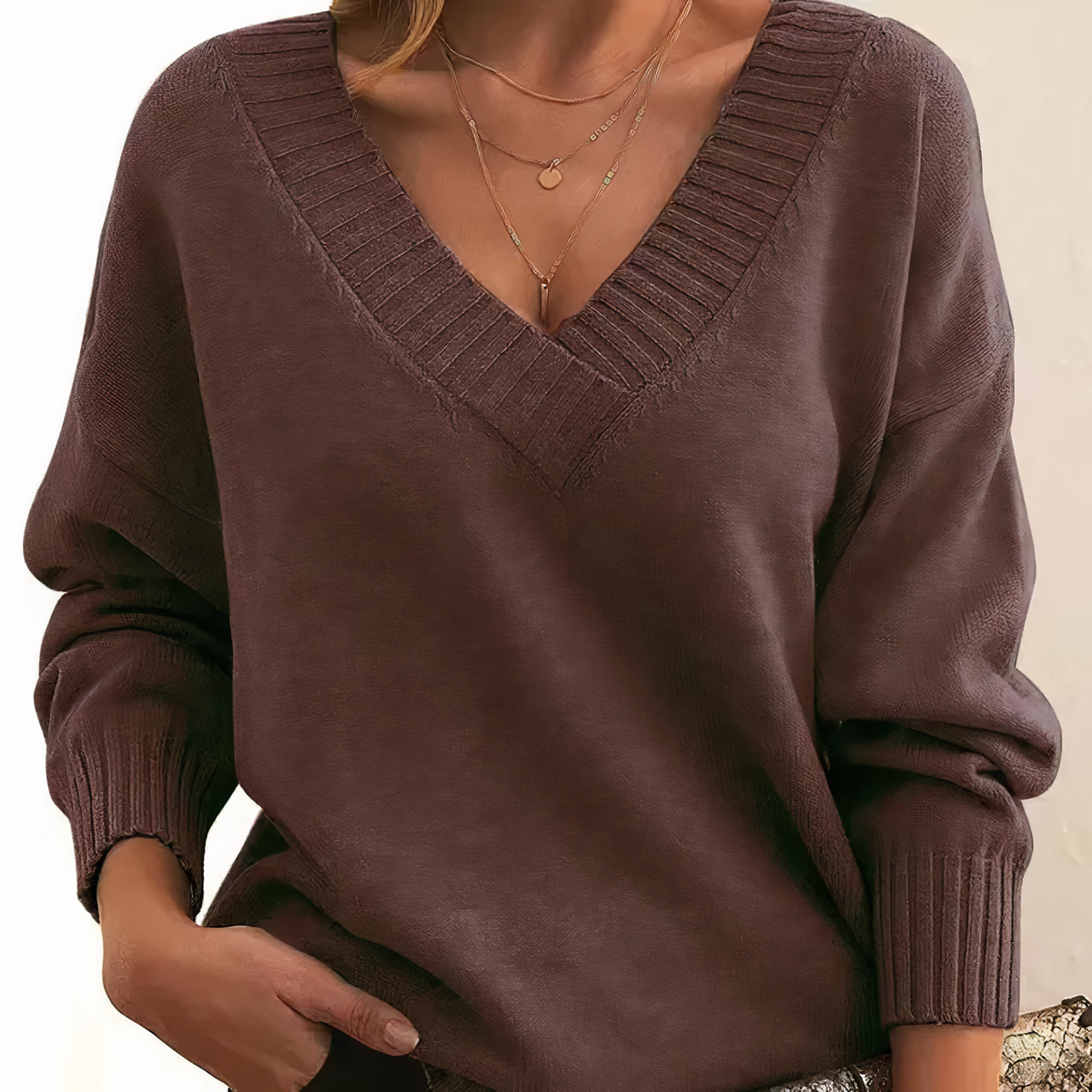 Women's Deep V-Neck Knitted Jumper Relaxed Long Sleeve