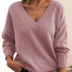 Women's Deep V-Neck Knitted Jumper Relaxed Long Sleeve