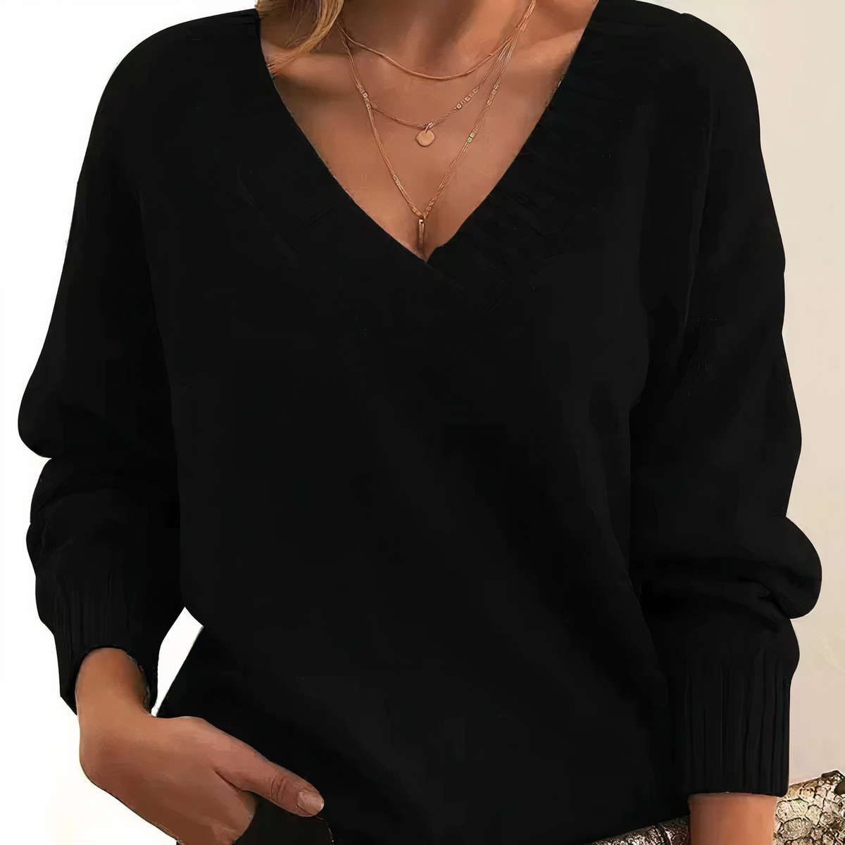 Women's Deep V-Neck Knitted Jumper Relaxed Long Sleeve