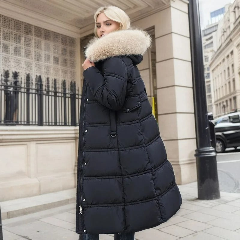 Women's Faux Fur Collar Long Puffer Coat with Side Pockets