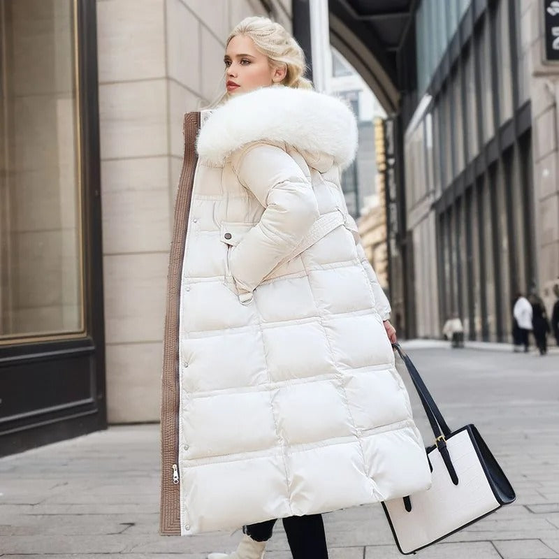 Women's Faux Fur Collar Long Puffer Coat with Side Pockets
