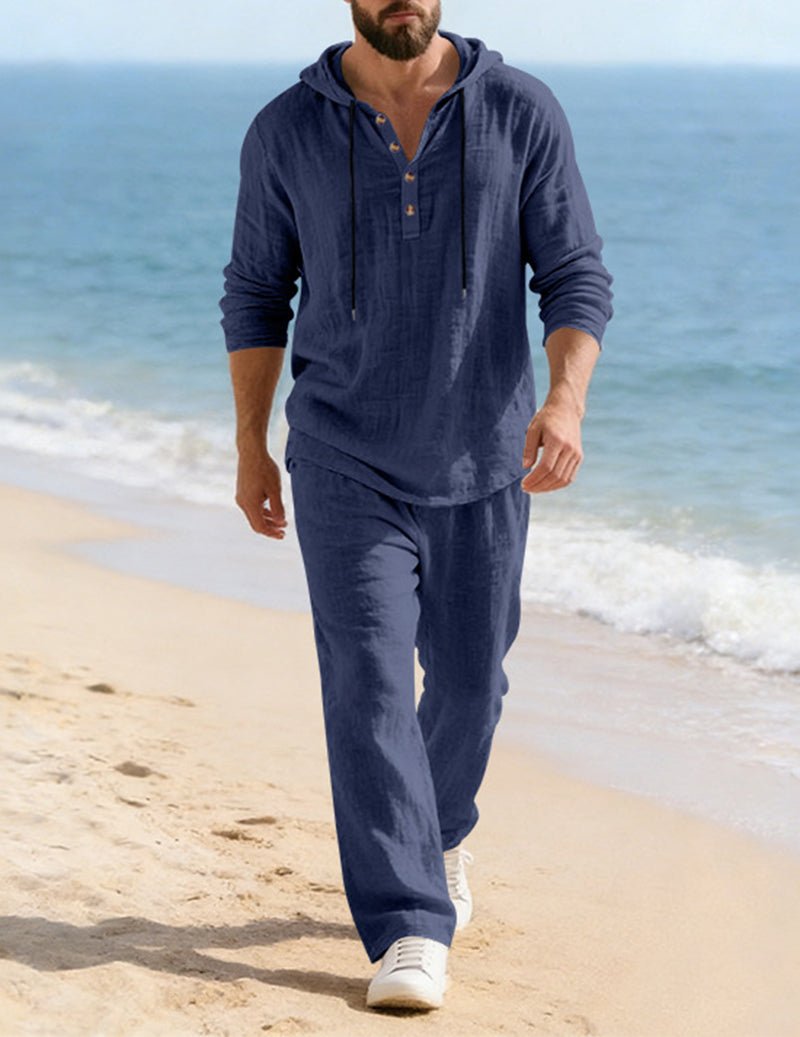 Men's Hooded Lounge Set With Henley Top And Relaxed