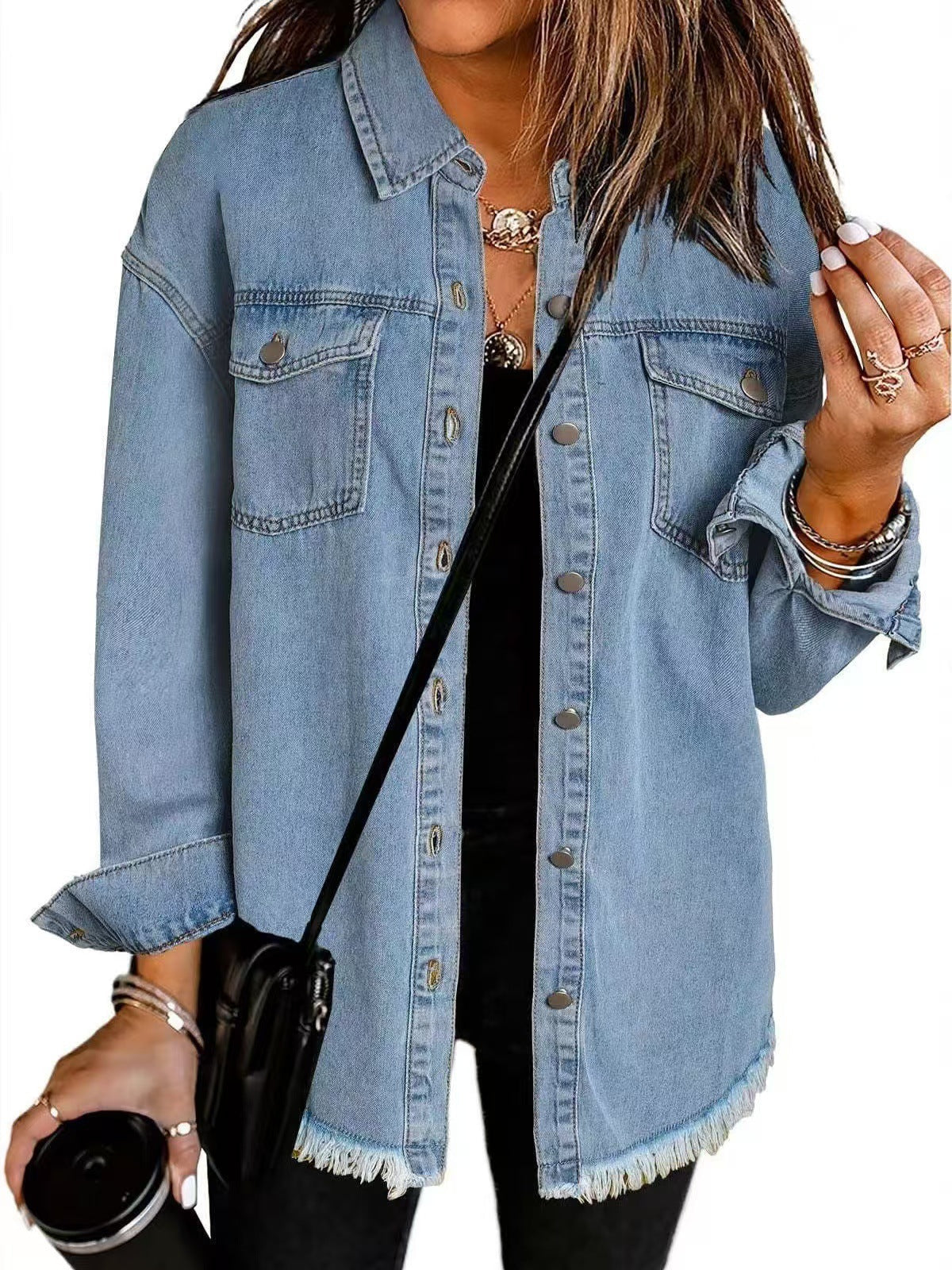 Women's Dropped-Shoulder Oversized Denim Jacket with Chest Pockets - Light Blue
