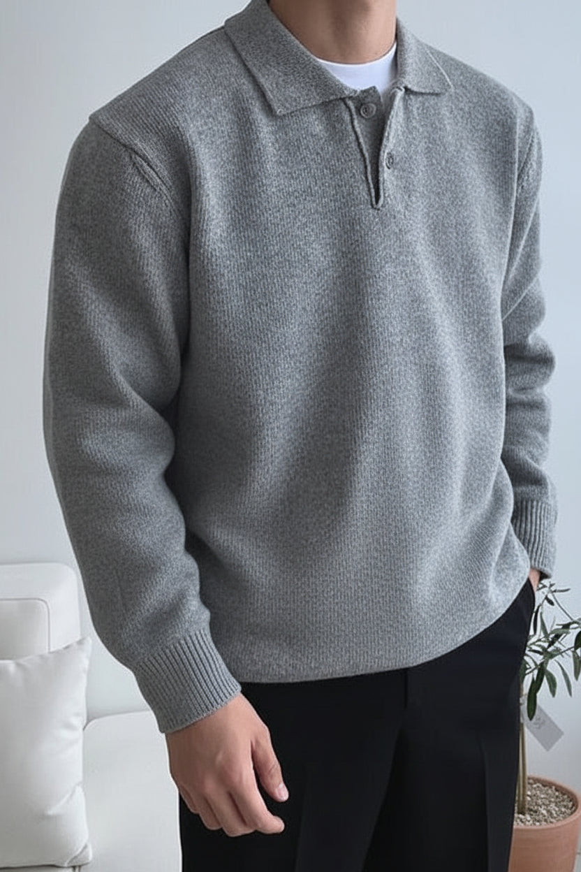 Men's Button Placket Polo Sweater Soft Knit Layer