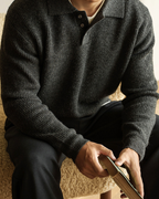 Men's Ribbed Polo Neck Sweater Buttoned Knit for Autumn