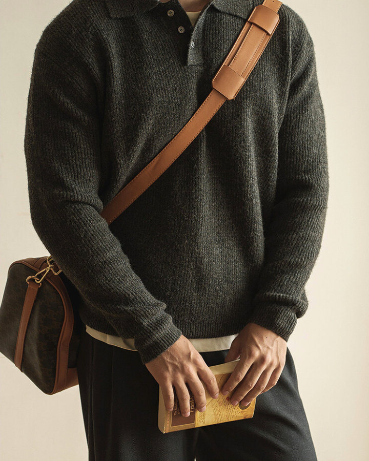 Men's Ribbed Polo Neck Sweater Buttoned Knit for Autumn