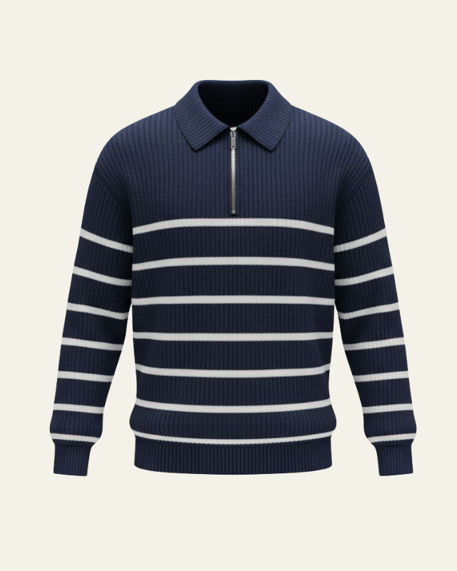 Men's Polo Collar Sweater Ribbed Half Zip Knit