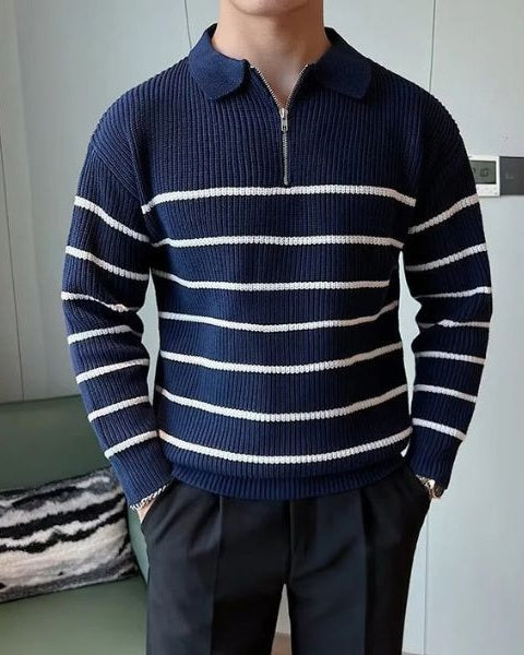 Men's Polo Collar Sweater Ribbed Half Zip Knit