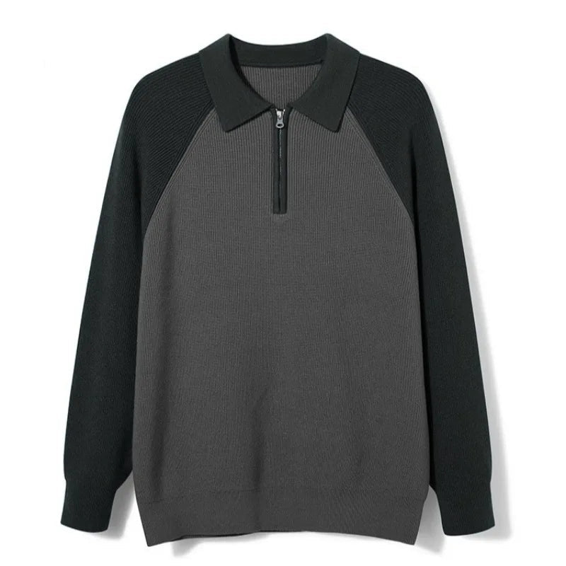 Men's Zip Polo Knit Sweater Raglan Sleeve Smart Casual