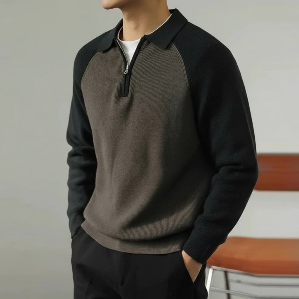 Men's Zip Polo Knit Sweater Raglan Sleeve Smart Casual