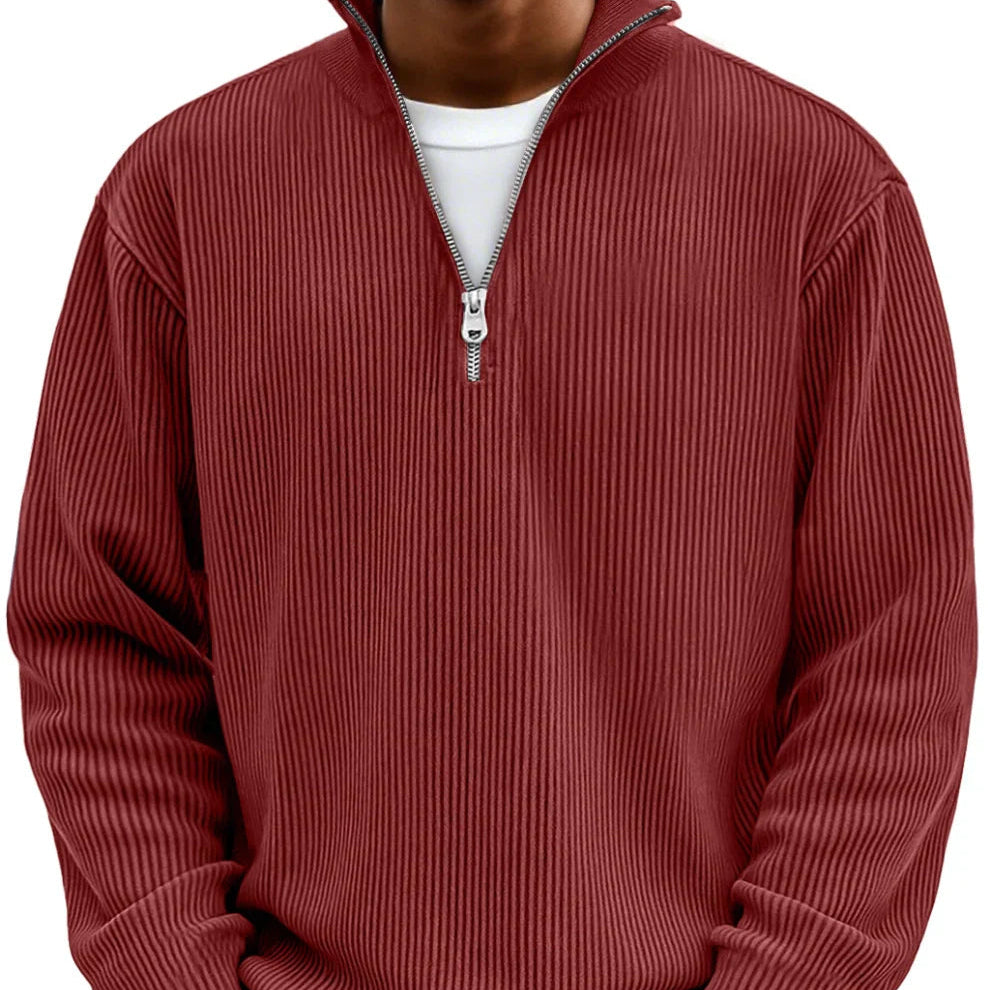 Men's Rib Knit Zip Neck Sweater Relaxed Long Sleeve