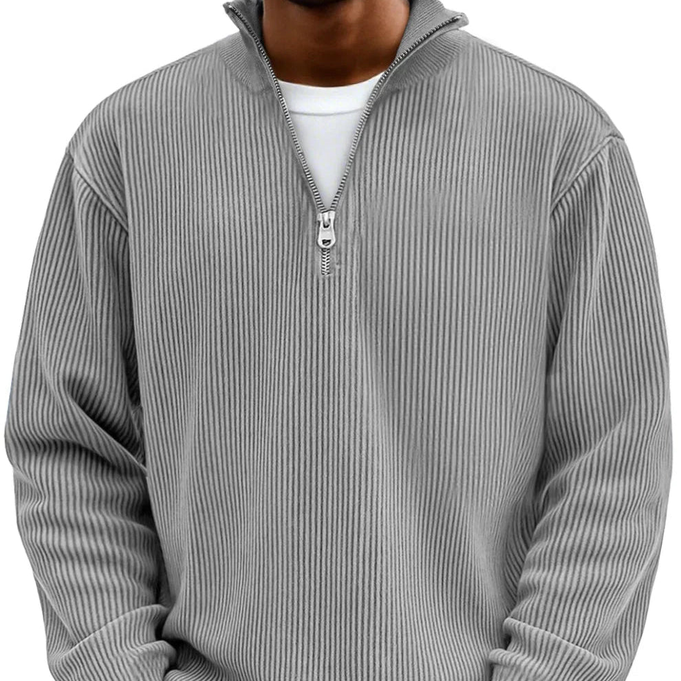 Men's Rib Knit Zip Neck Sweater Relaxed Long Sleeve
