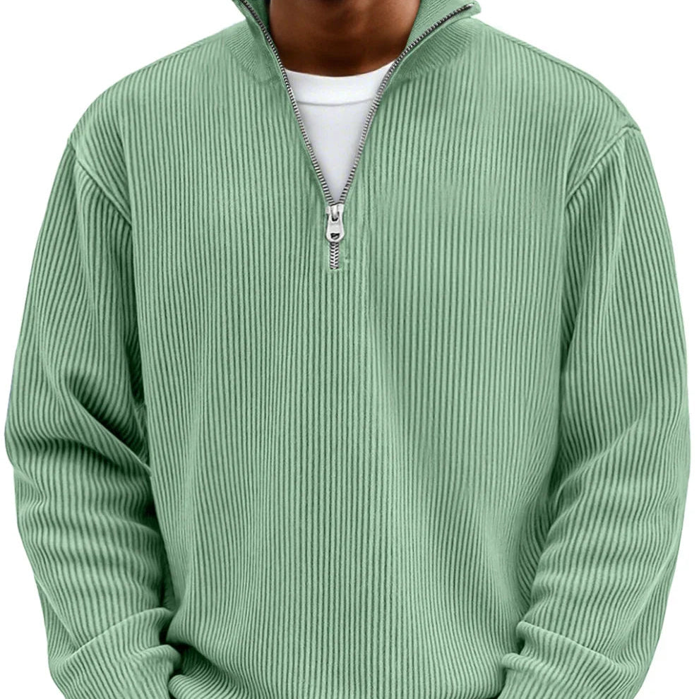 Men's Rib Knit Zip Neck Sweater Relaxed Long Sleeve