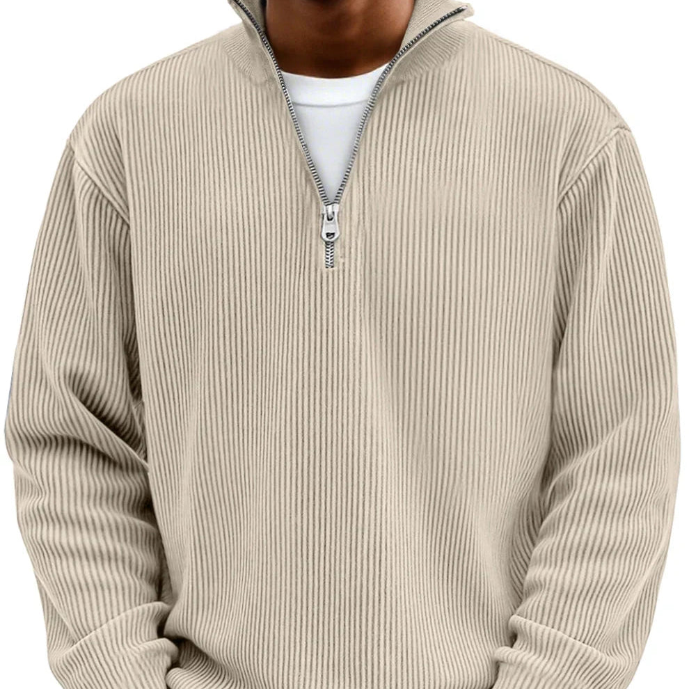 Men's Rib Knit Zip Neck Sweater Relaxed Long Sleeve