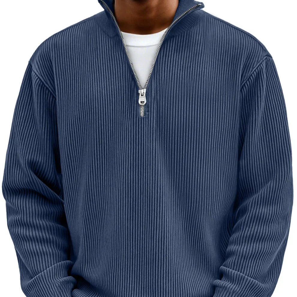 Men's Rib Knit Zip Neck Sweater Relaxed Long Sleeve