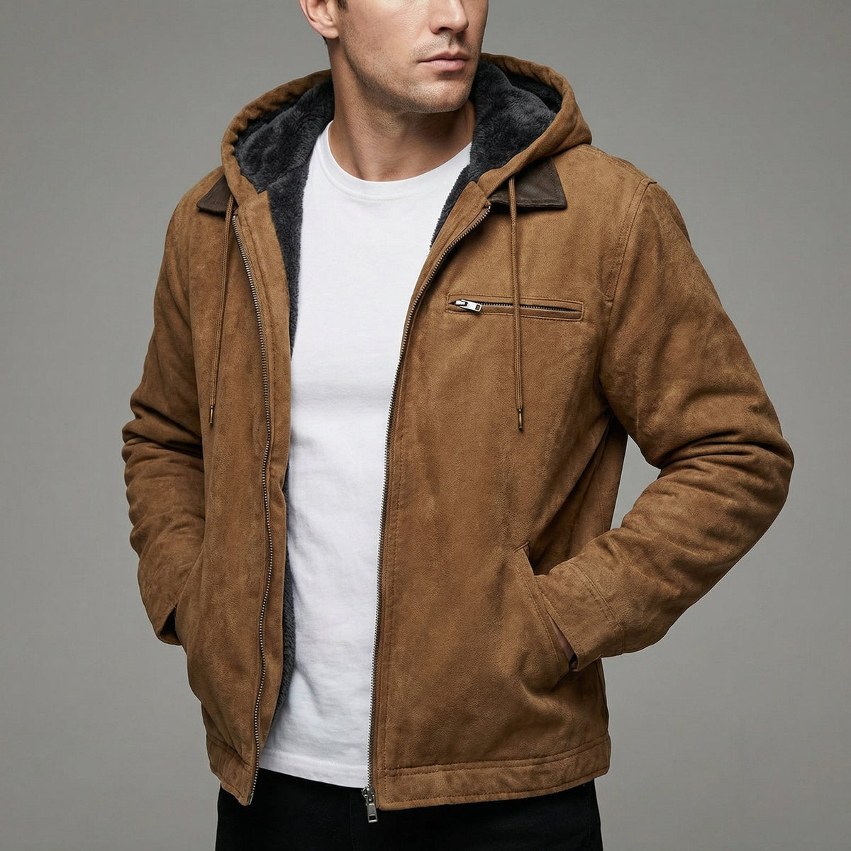 Men's Fleece Lined Suede Effect Jacket Warm Hooded Zip