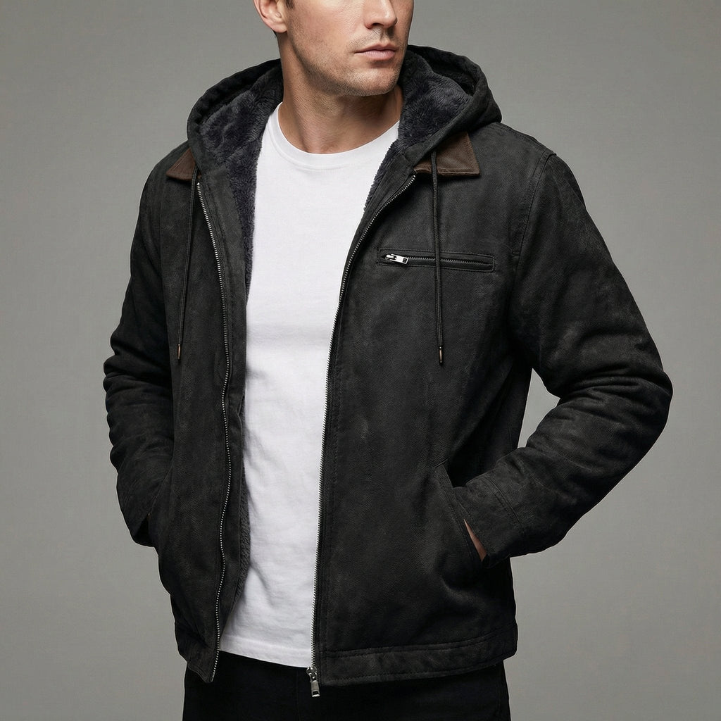 Men's Fleece Lined Suede Effect Jacket Warm Hooded Zip