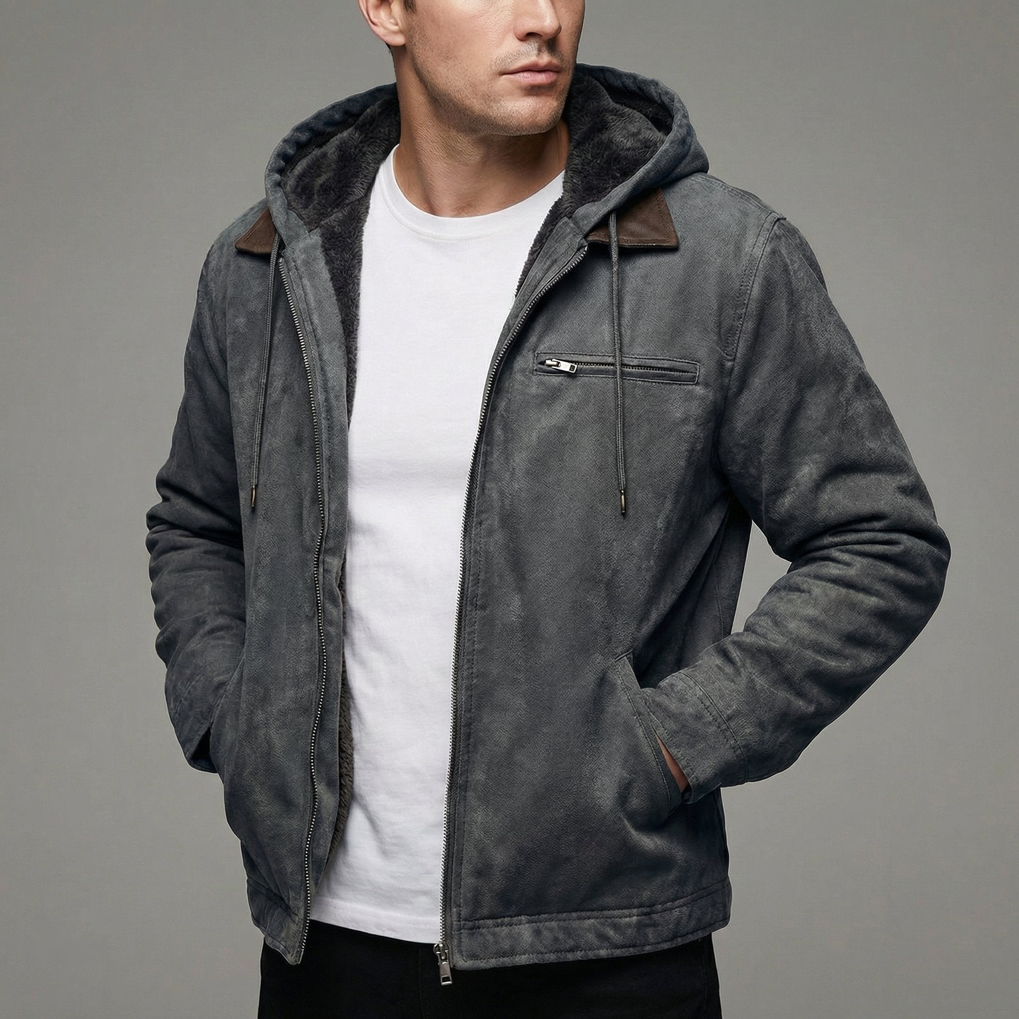 Men's Fleece Lined Suede Effect Jacket Warm Hooded Zip