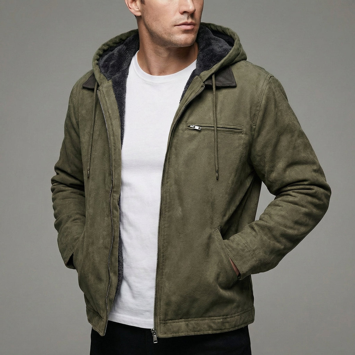 Men's Fleece Lined Suede Effect Jacket Warm Hooded Zip