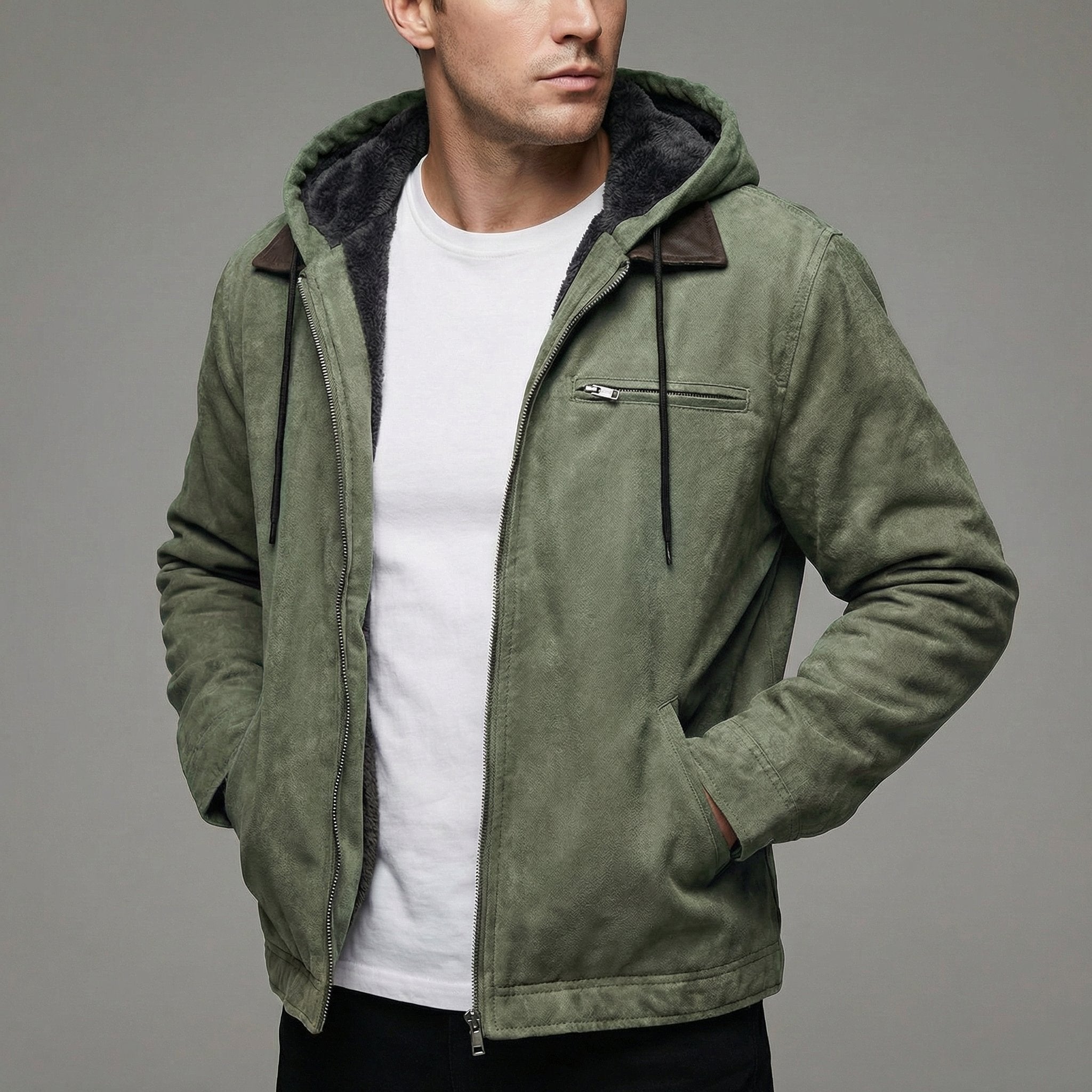 Men's Fleece Lined Suede Effect Jacket Warm Hooded Zip