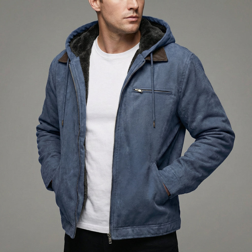 Men's Fleece Lined Suede Effect Jacket Warm Hooded Zip