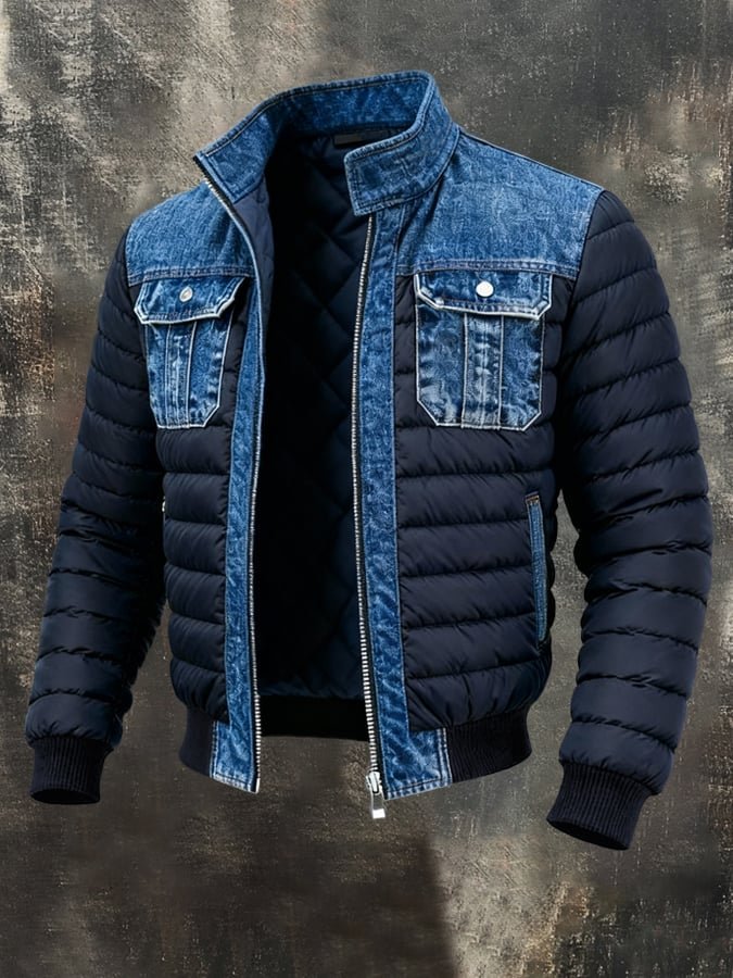 Men's Denim Panel Puffer Jacket Insulated Bomber Style Winter