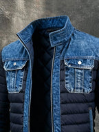 Men's Denim Panel Puffer Jacket Insulated Bomber Style Winter