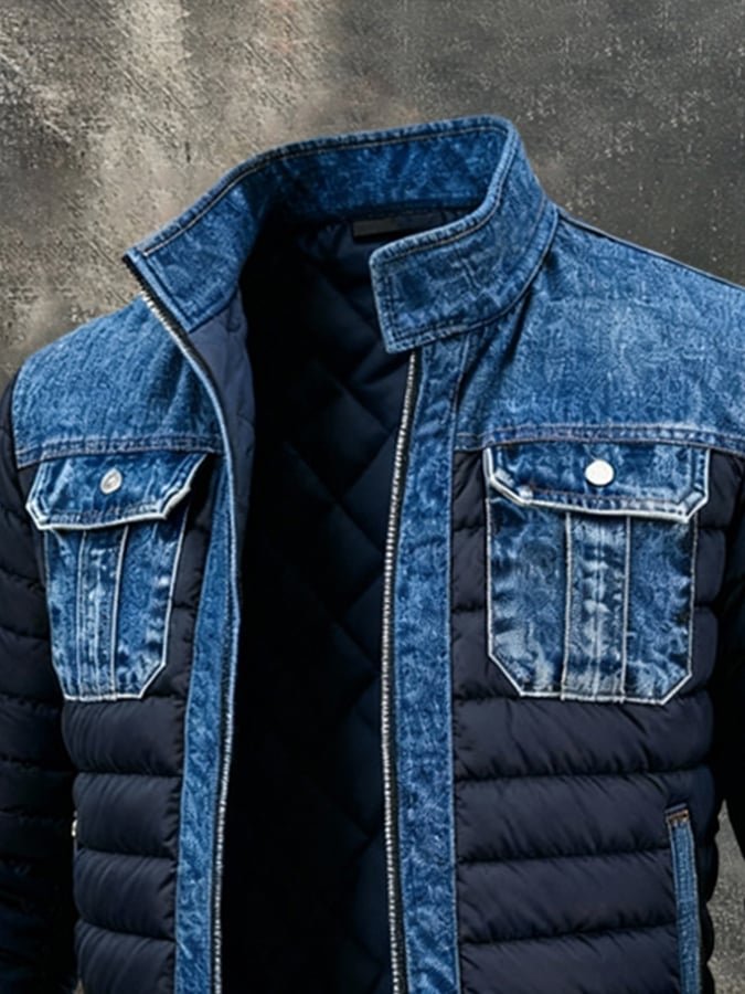 Men's Denim Panel Puffer Jacket Insulated Bomber Style Winter