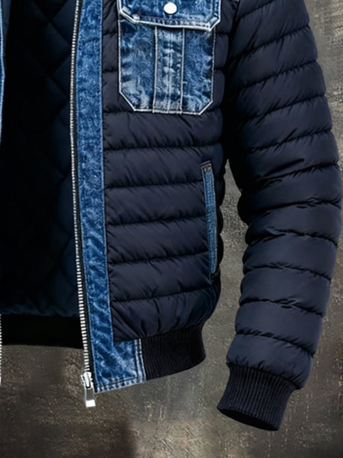 Men's Denim Panel Puffer Jacket Insulated Bomber Style Winter