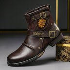 Men's Leather Buckle Boots Suede Panelled Vintage Ankle Footwear