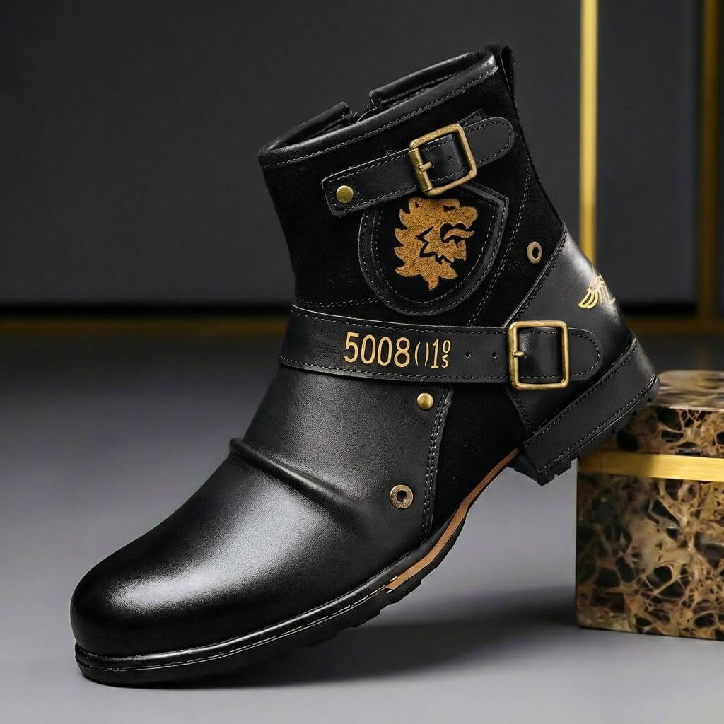 Men's Leather Buckle Boots Suede Panelled Vintage Ankle Footwear