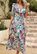 Women's Floral Print Maxi Dress V Neck Puff